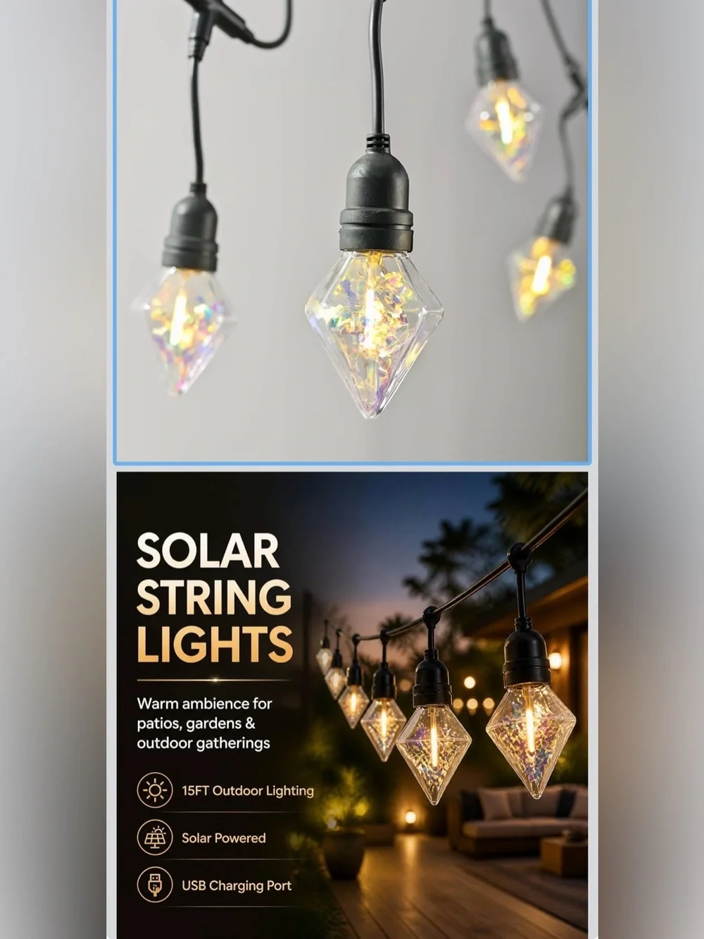 Solar Diamond String Lights - Warm White Outdoor Patio Lighting